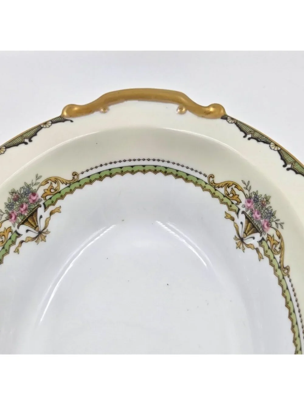 Noritake Penelope Oval Vegetable Bowl Green Border Pink Roses Urn Gold Trim